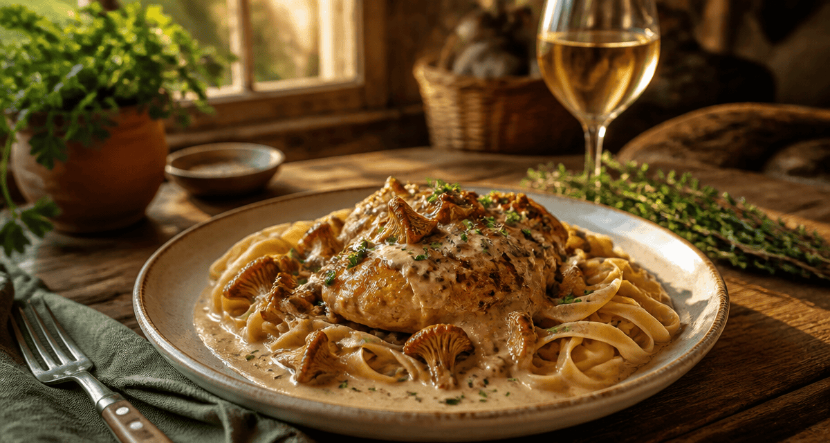Poulet girolles crème vin blanc assiette