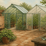 serre polycarbonate ou verre côte à côte dans un jardin