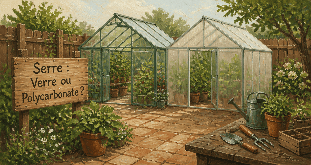serre polycarbonate ou verre côte à côte dans un jardin
