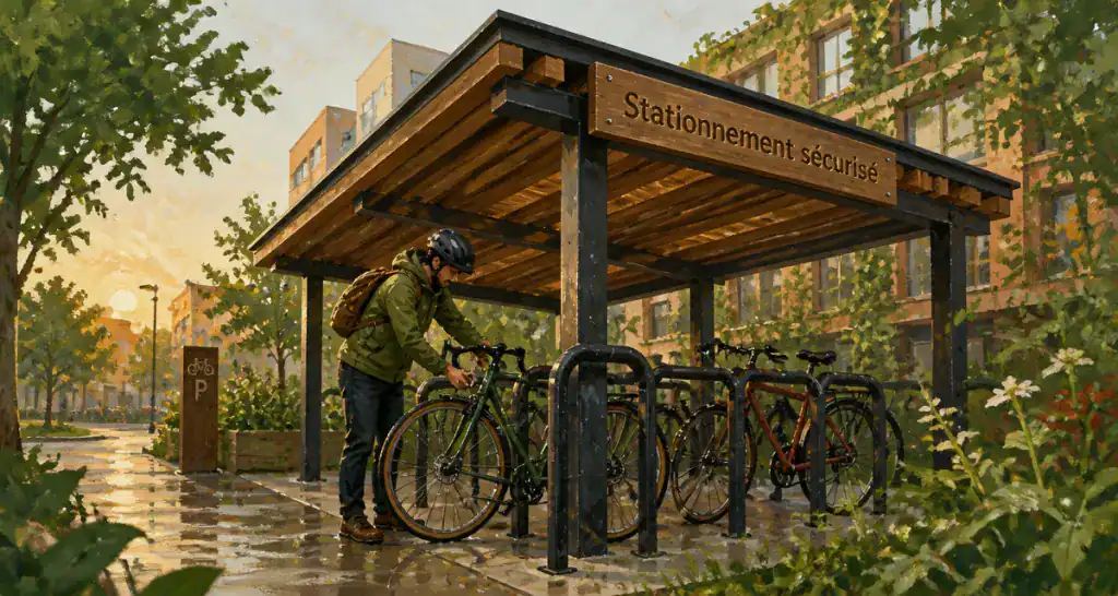 abris velo sécurisé en bois et acier sous la pluie