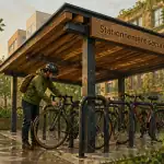 abris velo sécurisé en bois et acier sous la pluie