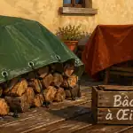bache oeillet verte tendue sur bois en cour de ferme