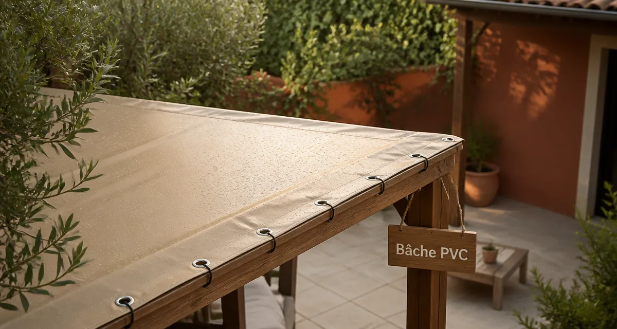 Bache pour pergola PVC beige bien tendue, gouttes sans poches d’eau