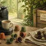 Capsule Nespresso compostable avis sur table avec machine et compost