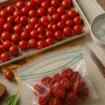 Congélation tomate crue : tomates cerises crues prêtes à congeler dans un sac