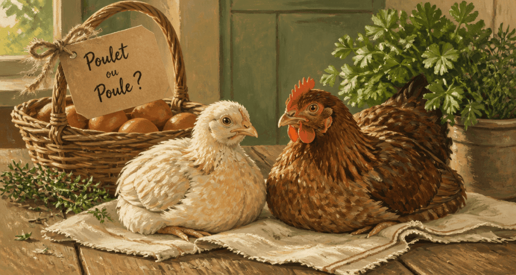 difference poulet poule sur table en bois