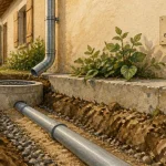 Tranchée drainage eau de pluie gouttière le long d’une fondation en béton