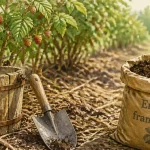 Engrais framboisier, seau et pelle au pied de framboisiers pour un bon dosage