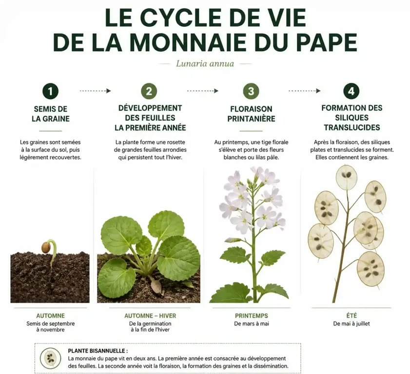 Étapes de culture et cycle de vie de la monnaie du pape au jardin