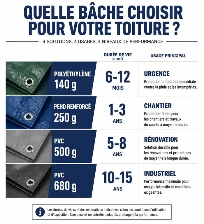 Tableau comparatif des types de bâches pour toiture selon le grammage et l'usage
