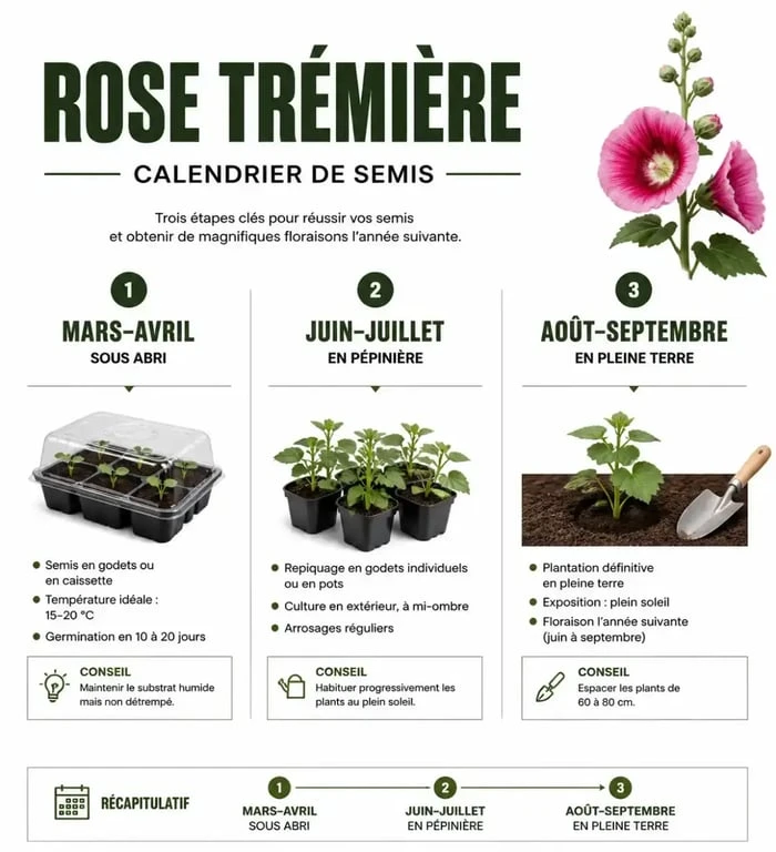 Calendrier de semis de la rose trémière : périodes idéales pour réussir vos plantations