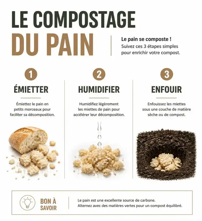 Infographie montrant les étapes pour composter son pain au composteur domestique