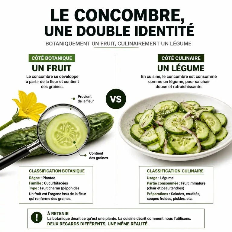 Infographie illustrant la classification du concombre : fruit en botanique et légume en cuisine