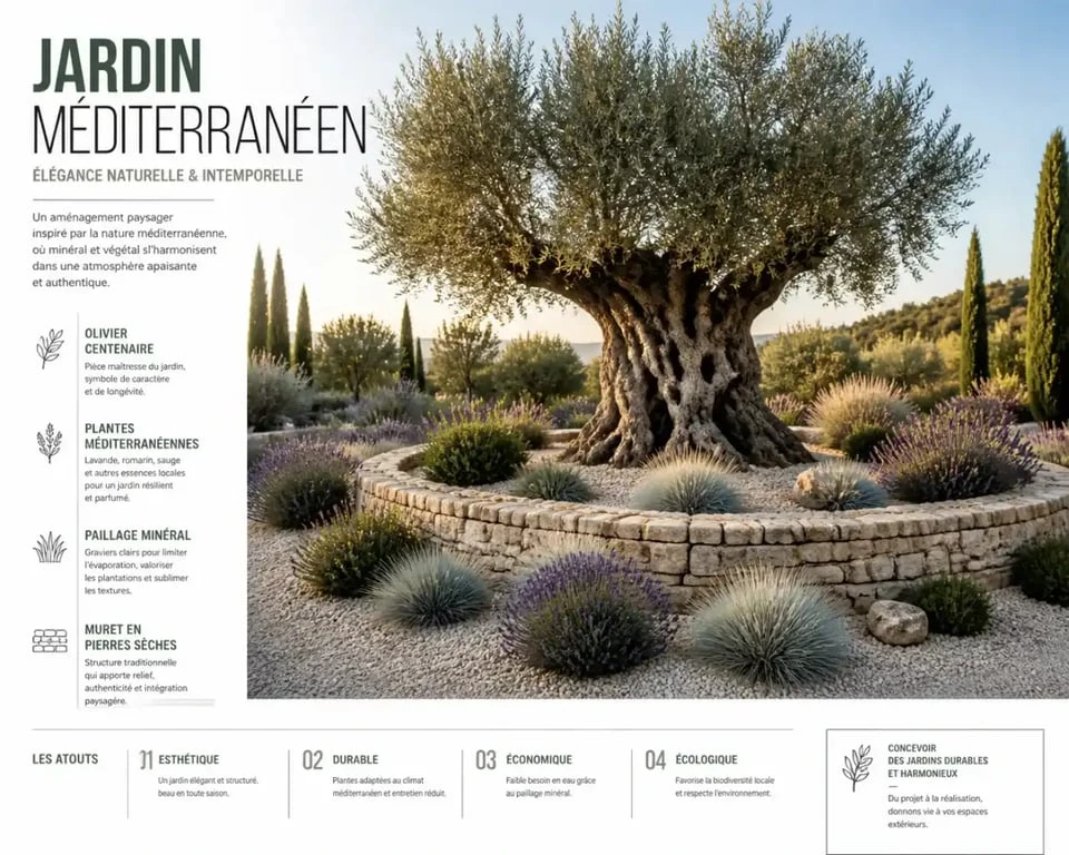 Aménagement paysager d'un olivier dans un jardin avec muret en pierres sèches et plantes méditerranéennes