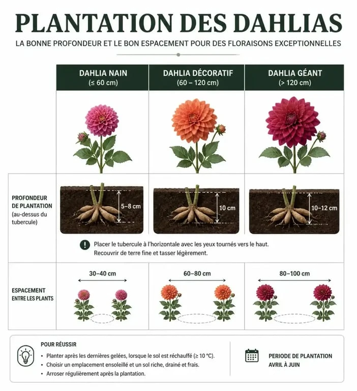 Infographie récapitulative pour savoir quand et comment planter les dahlias en pleine terre