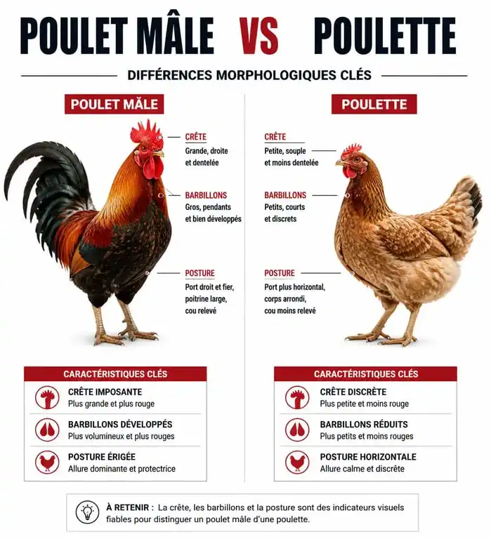 Infographie comparative des différences physiques entre un poulet mâle et une femelle pour le sexage