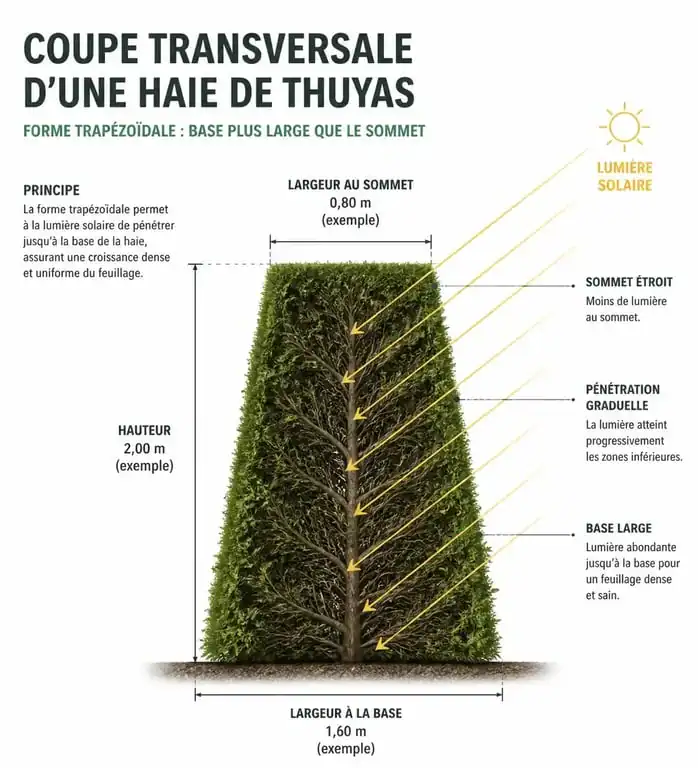 Schéma de taille d'une haie de thuyas en forme de trapèze pour une meilleure exposition à la lumière
