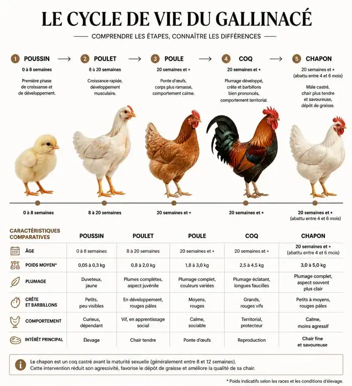 Infographie comparative des différences entre poulet, poule, coq et poussin