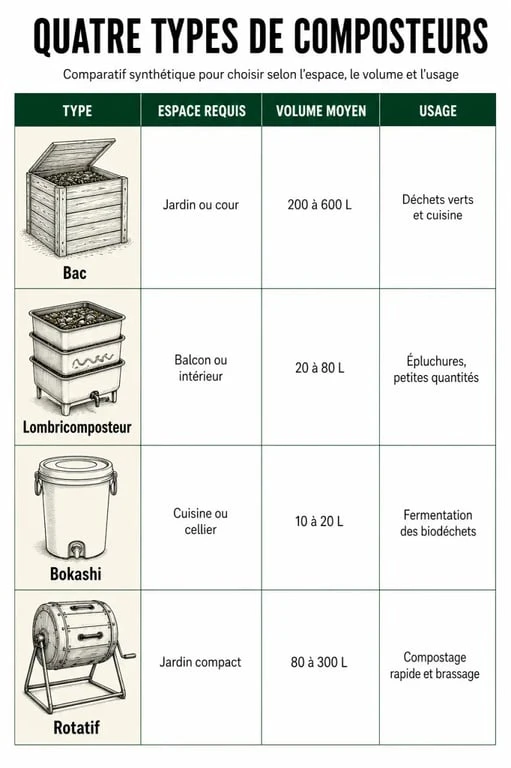 Infographie comparative des différents types de composteurs pour savoir quel composteur choisir selon son habitat