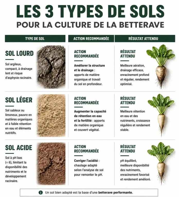 Infographie des conseils de préparation du sol pour la plantation de betteraves selon le type de terre.