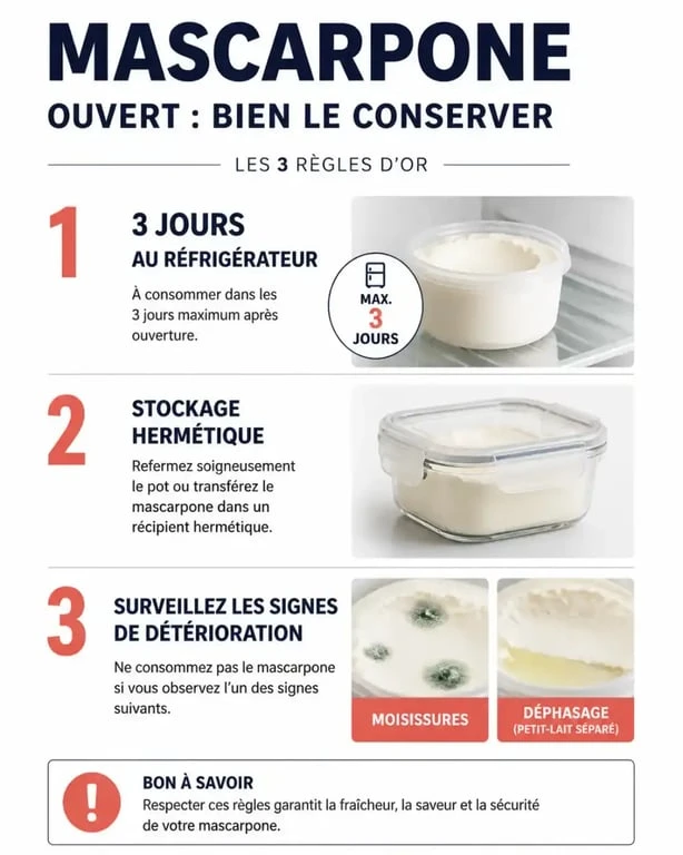 Infographie sur la conservation du mascarpone ouvert au réfrigérateur