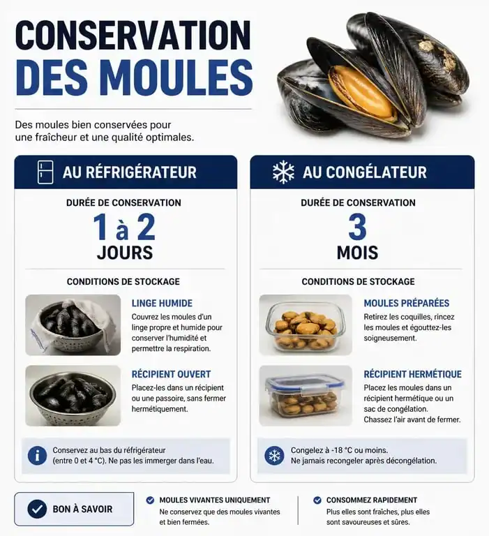 Infographie sur la conservation des moules fraîches et cuites au réfrigérateur et congélateur