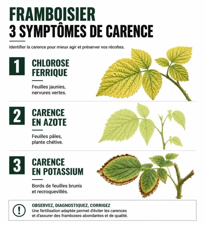 Infographie des symptômes de carence sur framboisier pour choisir le bon engrais framboisier