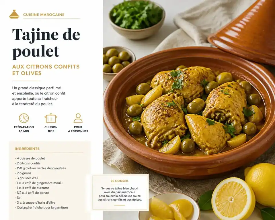 Plat de tajine de poulet aux citrons confits et olives, une recette savoureuse à base de poulet
