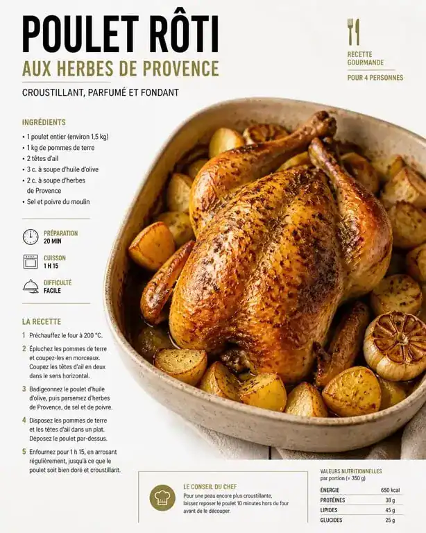 Poulet rôti aux herbes de Provence et légumes fondants, une recette traditionnelle savoureuse.