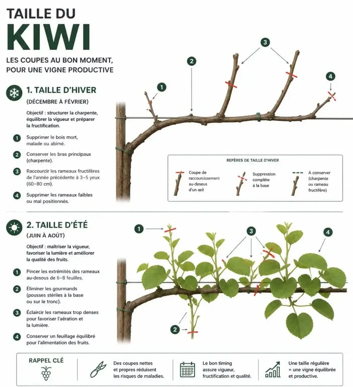 Schéma explicatif des étapes de taille du kiwi pour une récolte optimale