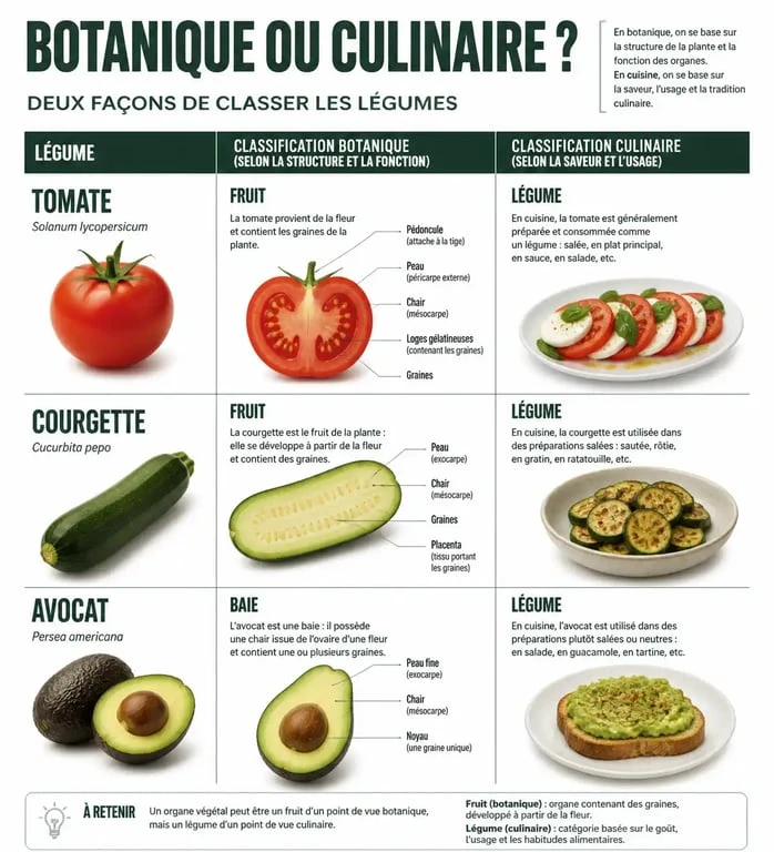 Infographie comparative : la tomate est-elle un fruit ou un légume selon la botanique et la cuisine