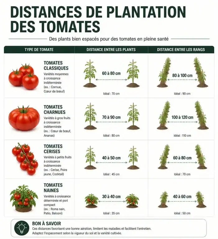 Infographie des distances de plantation entre pieds de tomates selon la variété