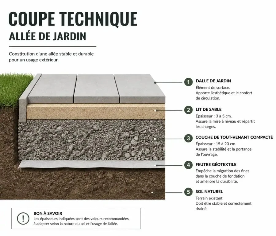 Schéma en coupe de la pose d'une dalle pour allée de jardin