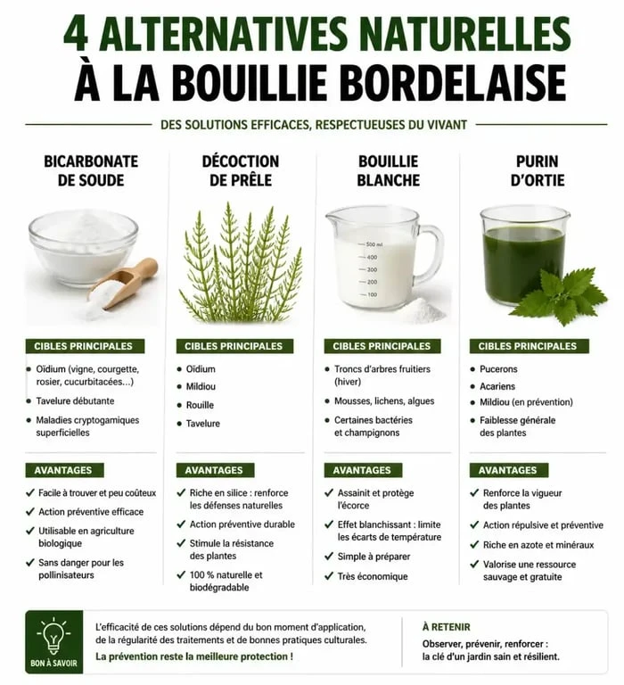 Tableau comparatif des alternatives naturelles à la bouillie bordelaise pour le jardin