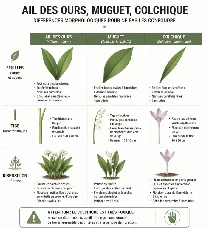 Comparaison visuelle entre l'ail des ours et les plantes toxiques pour une cueillette sécurisée