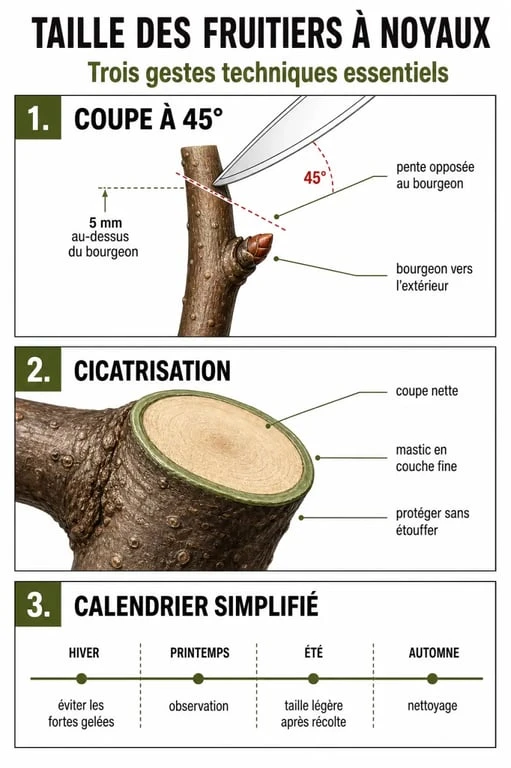 Infographie sur la taille des arbres fruitiers à noyaux : gestes techniques et calendrier de taille
