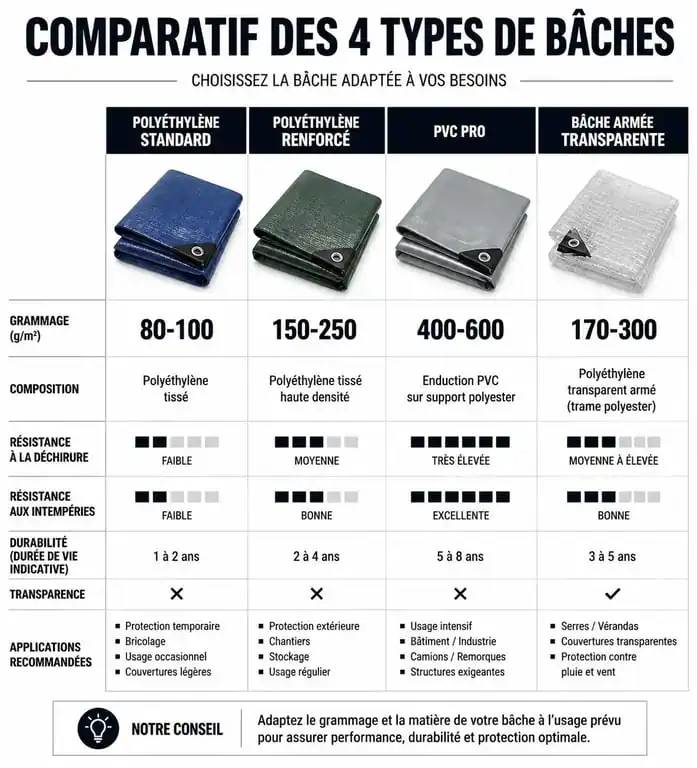 Tableau comparatif des types de bâche à œillet selon le grammage et l'usage