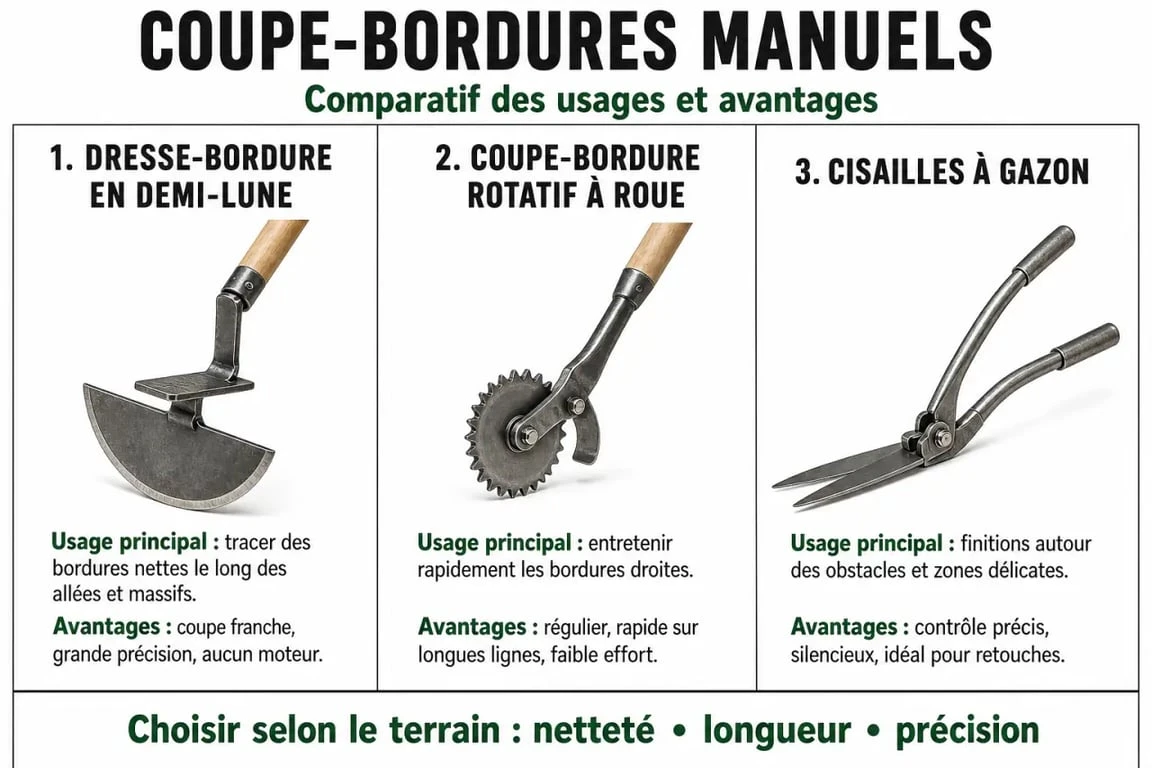 Infographie comparative des différents modèles de coupe-bordure manuel pour l'entretien du jardin