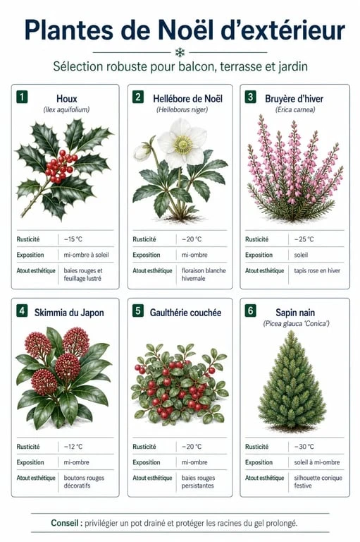 Infographie comparative des meilleures plantes de Noël pour l'extérieur