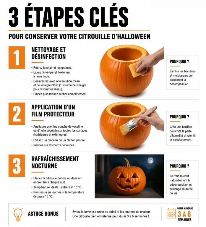 Infographie des étapes pour conserver une citrouille d'Halloween