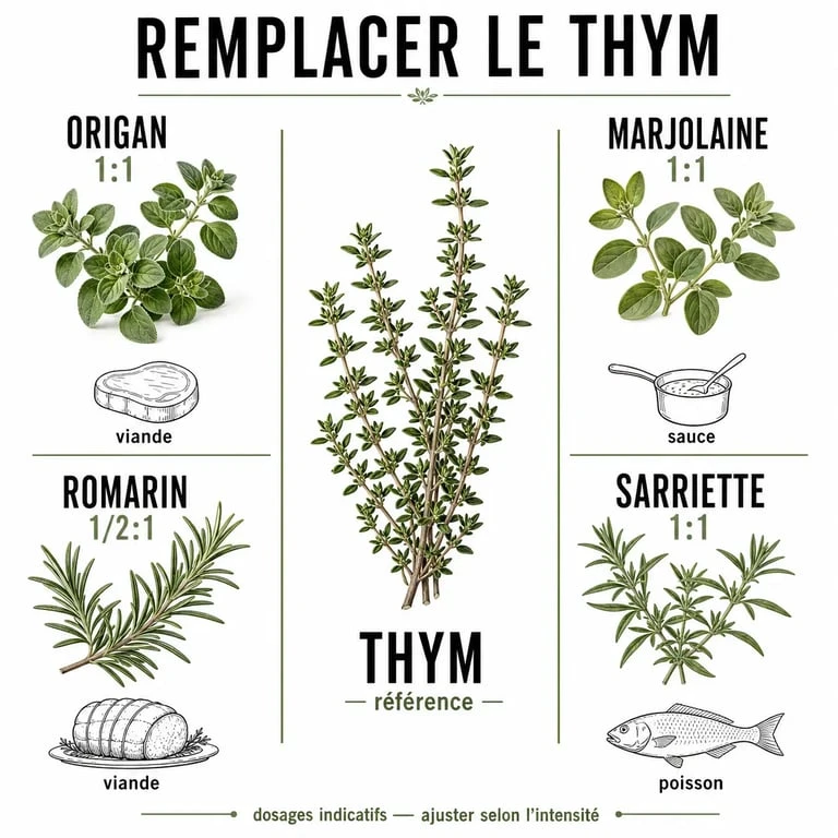 Infographie des substituts du thym en cuisine : dosages et meilleures utilisations pour remplacer le thym dans vos recettes.