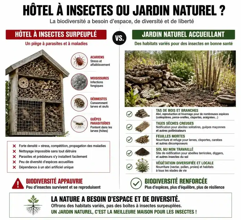 Comparaison entre les risques des hôtels à insectes et les avantages des habitats naturels pour la biodiversité