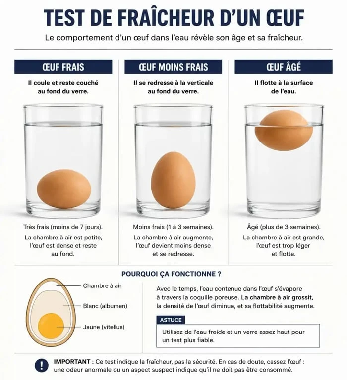 Infographie montrant comment reconnaître des oeufs frais avec le test de flottaison