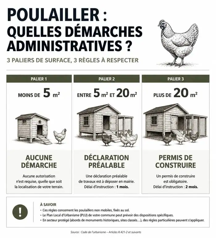 Infographie des démarches administratives pour installer un poulailler en France selon la surface