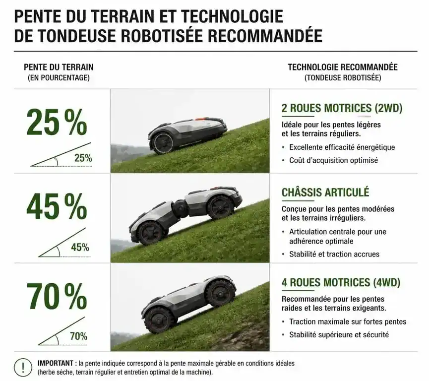 Schéma technique des capacités de franchissement d'un robot tondeuse sur terrain accidenté selon la pente