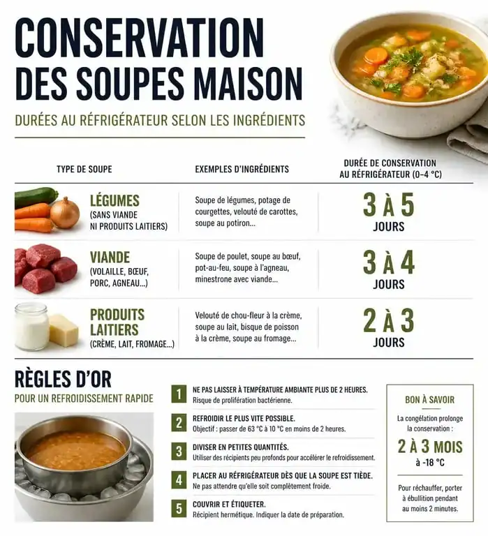 Infographie sur la durée de conservation d'une soupe maison au réfrigérateur selon les ingrédients