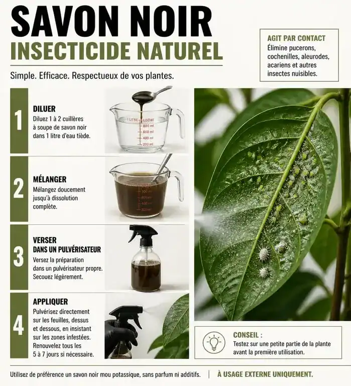 Infographie illustrant comment utiliser le savon noir comme insecticide sur les plantes