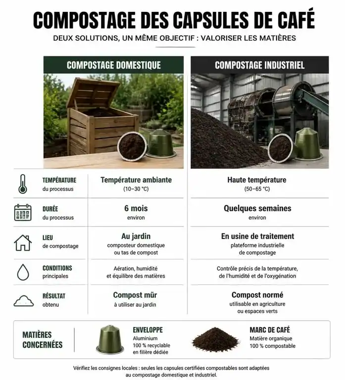 Infographie comparative : compostage domestique vs industriel pour capsules Nespresso compostables