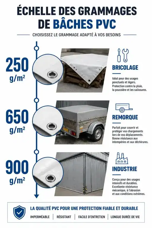 Infographie comparative des grammages de bâche PVC pour choisir la protection adaptée à votre usage