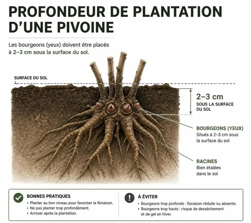 Schéma explicatif de la profondeur de plantation des pivoines : les yeux à 2-3 cm sous terre
